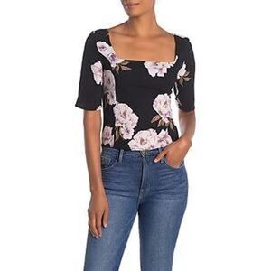 Free Press Square Neck Floral Half Sleeve black purple Blouse womens s NWT